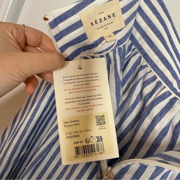 Sézane Blue White Striped Linen Cotton Maxi Skirt with Slit NWT US 6 - Picture 7 of 12